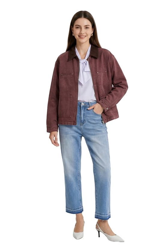 Full-length front view of the Heritage Denim Work Jacket styled with straight-leg jeans for a modern utilitarian boutique look.