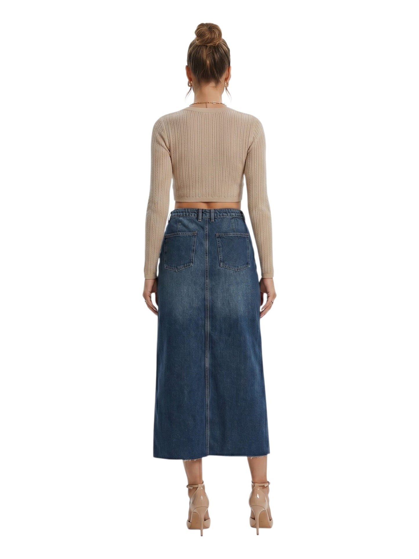 High-Rise Front Slit Raw Hem Denim Midi Skirt