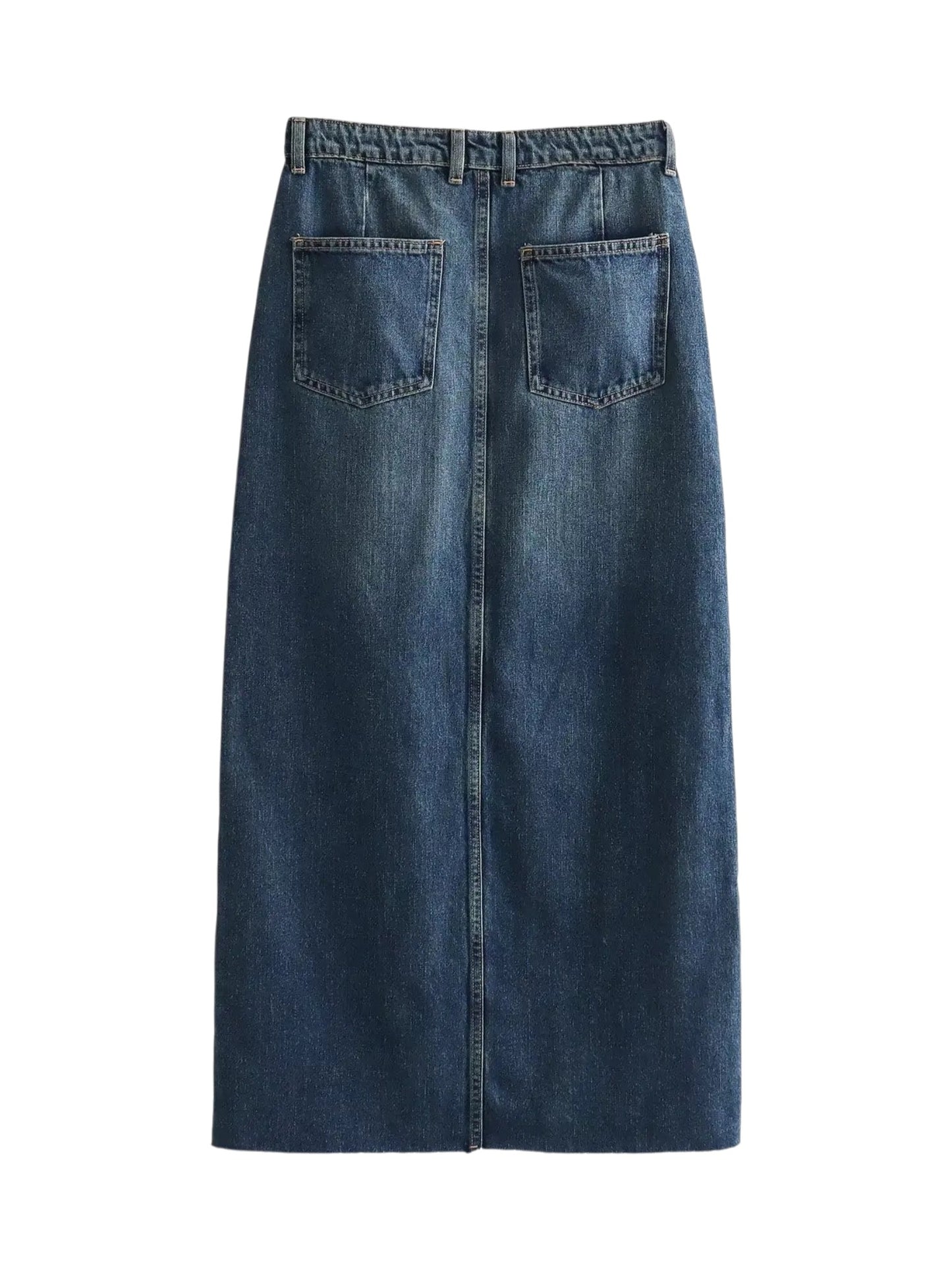 High-Rise Front Slit Raw Hem Denim Midi Skirt