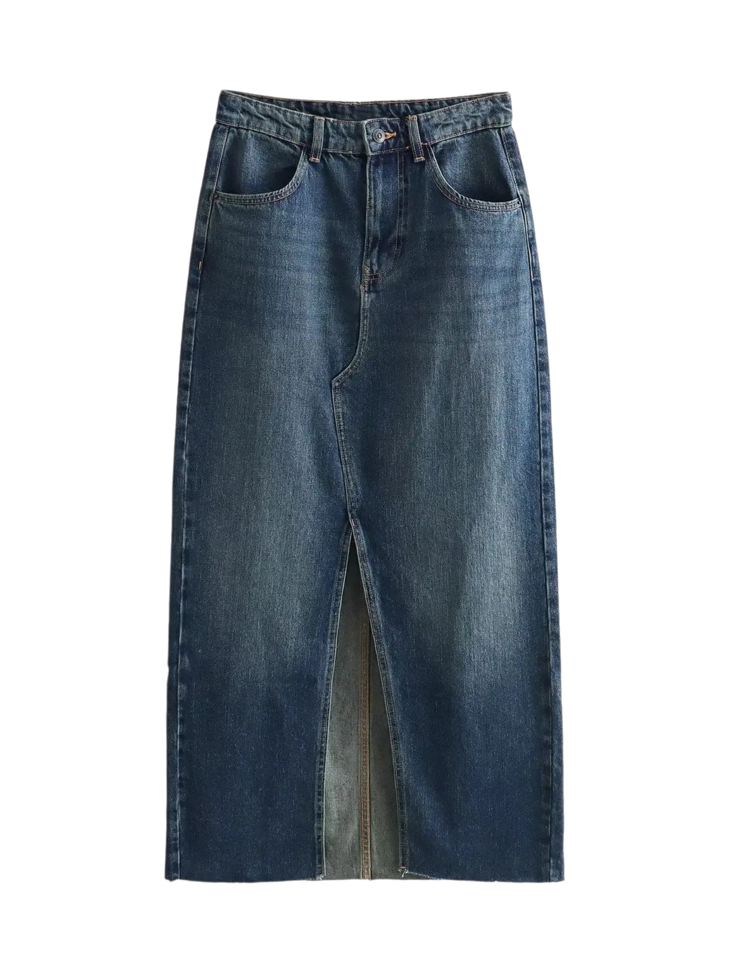 High-Rise Front Slit Raw Hem Denim Midi Skirt