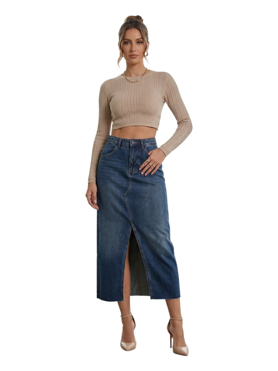 High-Rise Front Slit Raw Hem Denim Midi Skirt