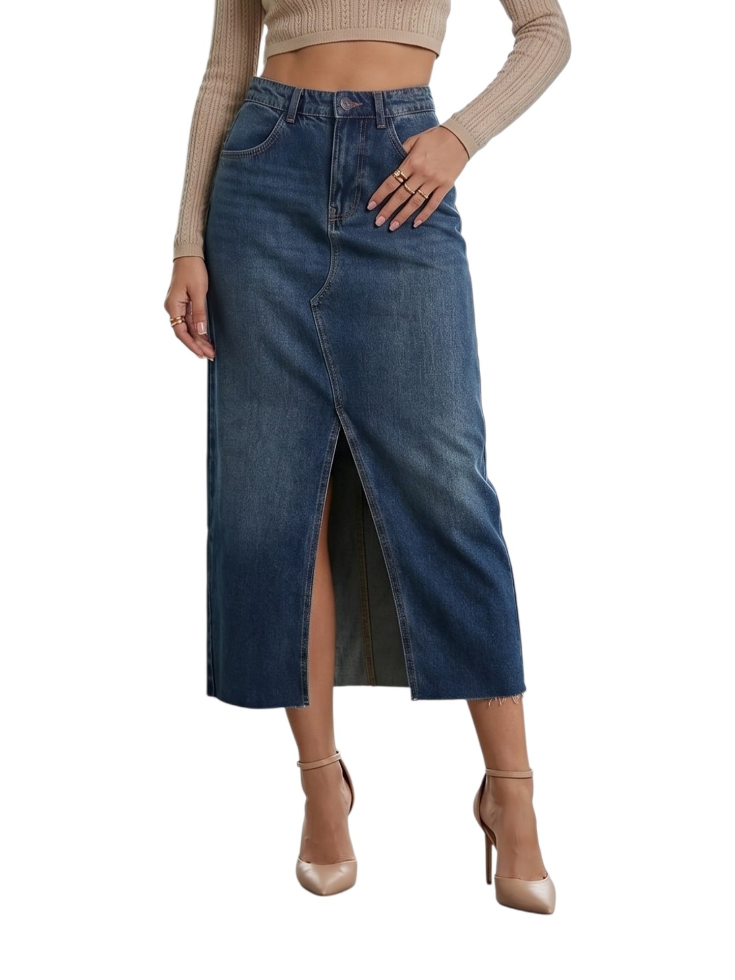 High-Rise Front Slit Raw Hem Denim Midi Skirt