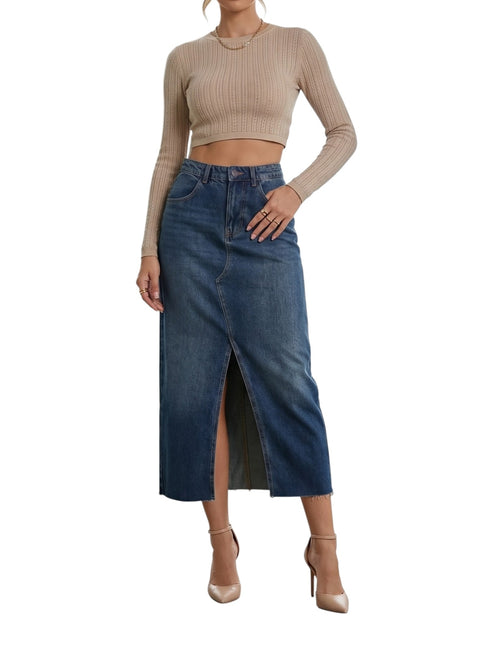 High-Rise Front Slit Raw Hem Denim Midi Skirt