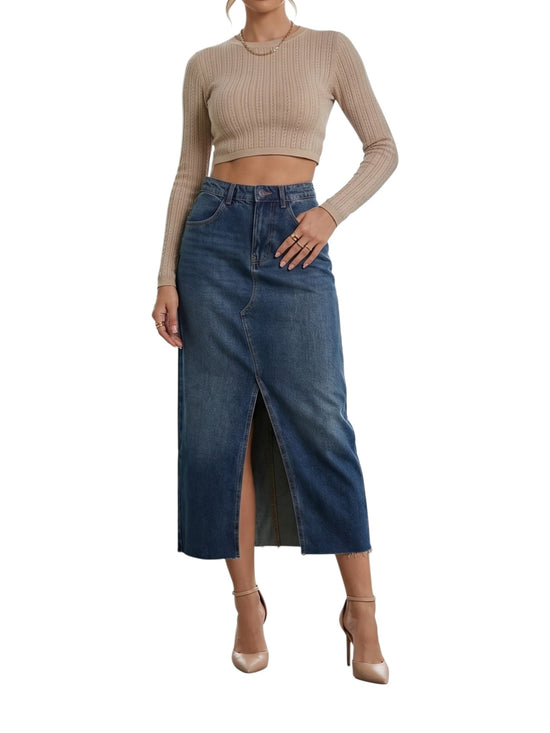 High-Rise Front Slit Raw Hem Denim Midi Skirt