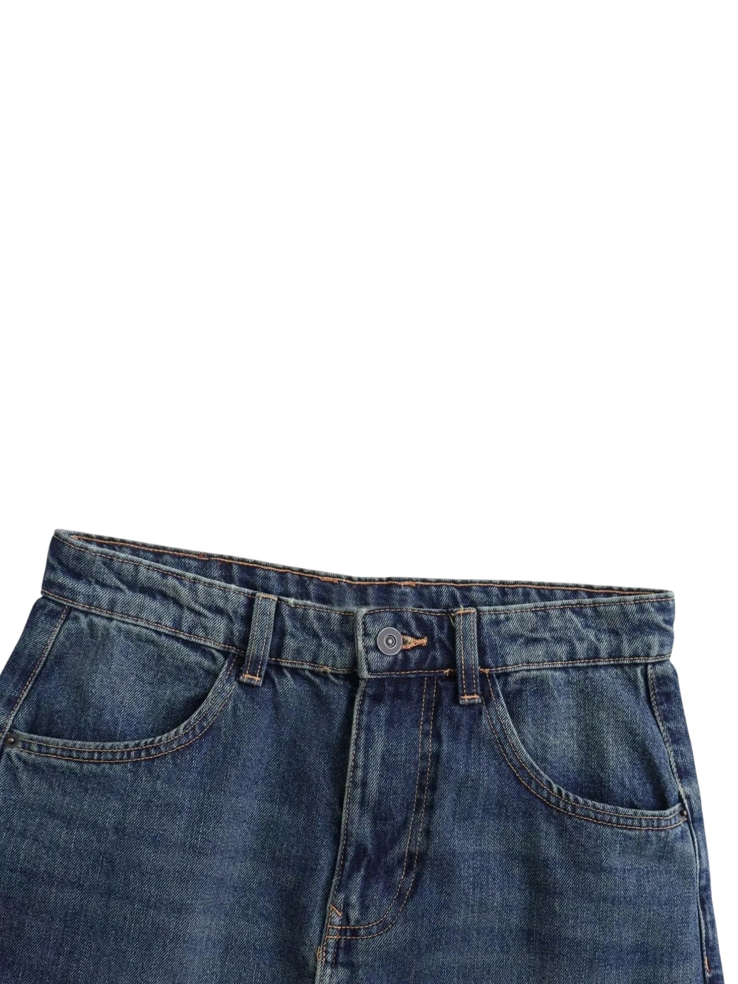 High-Rise Front Slit Raw Hem Denim Midi Skirt