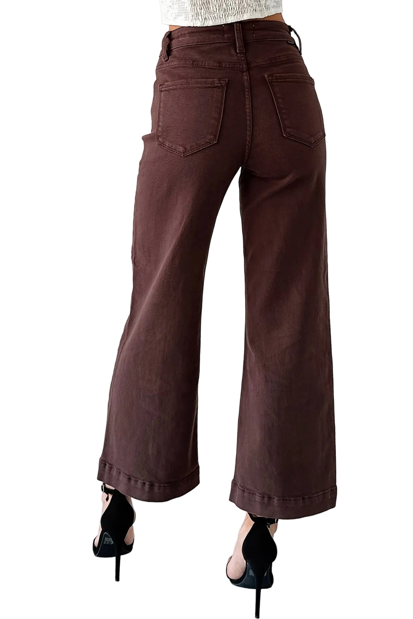 Brown wide-leg pants worn by a person on a white background.