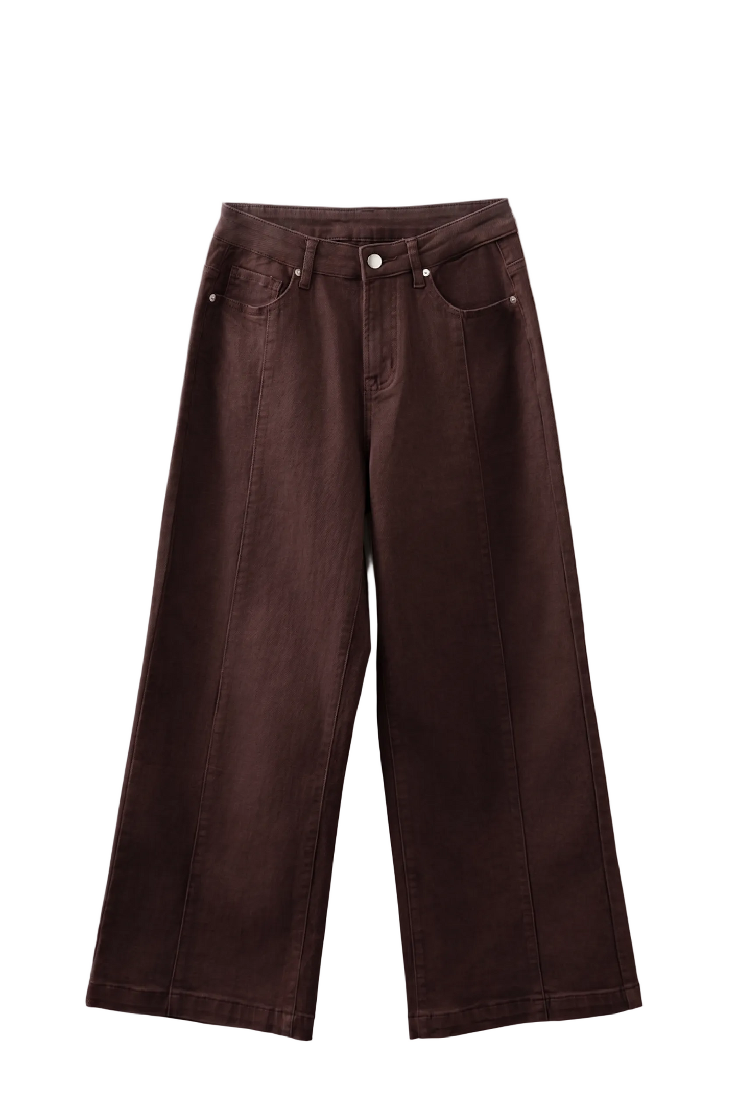 Brown wide-leg jeans on a light gray background