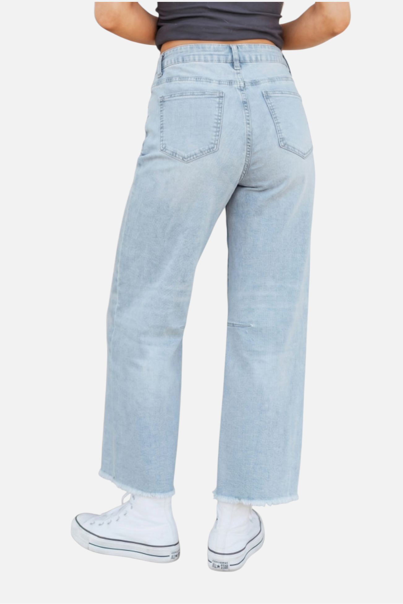 Light blue jeans worn by a person on a white background