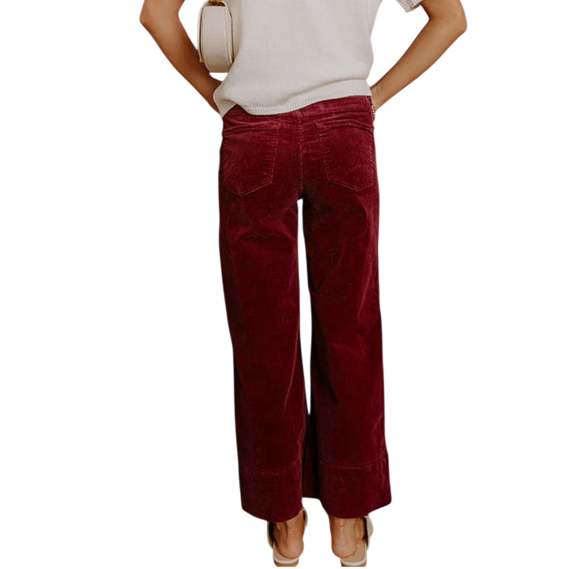 Back view of burgundy wide-leg corduroy trousers showing the high-waisted fit and functional rear pockets.