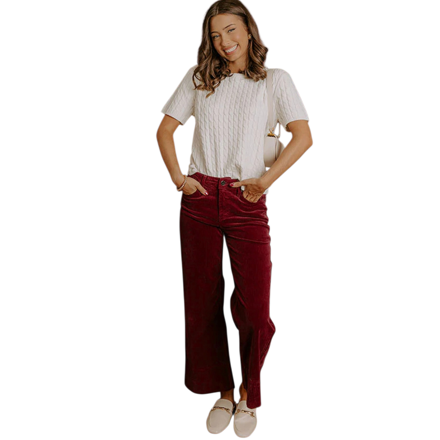 Full view of burgundy wide-leg corduroy trousers showing the high-waisted fit and functional rear pockets.