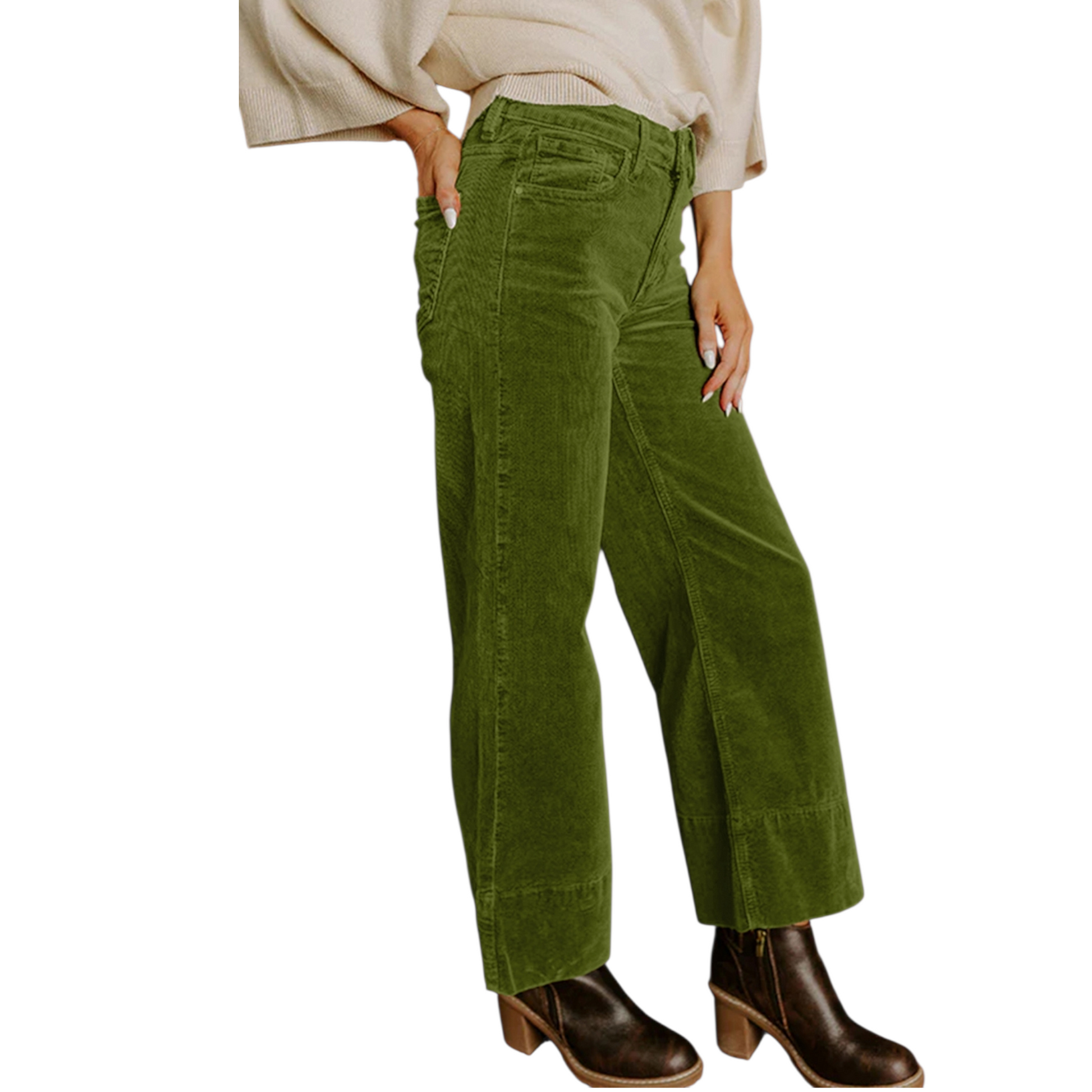 Person wearing olive green wide-leg corduroy pants with a high waist and dark brown ankle boots.
