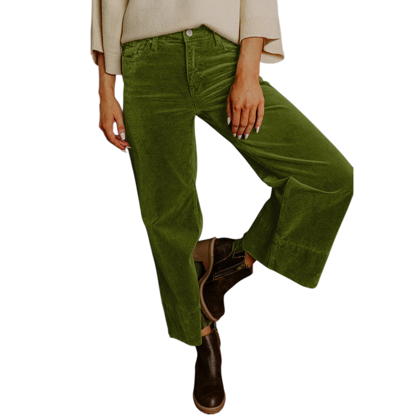 Person wearing olive green wide-leg corduroy pants with a high waist and dark brown ankle boots.