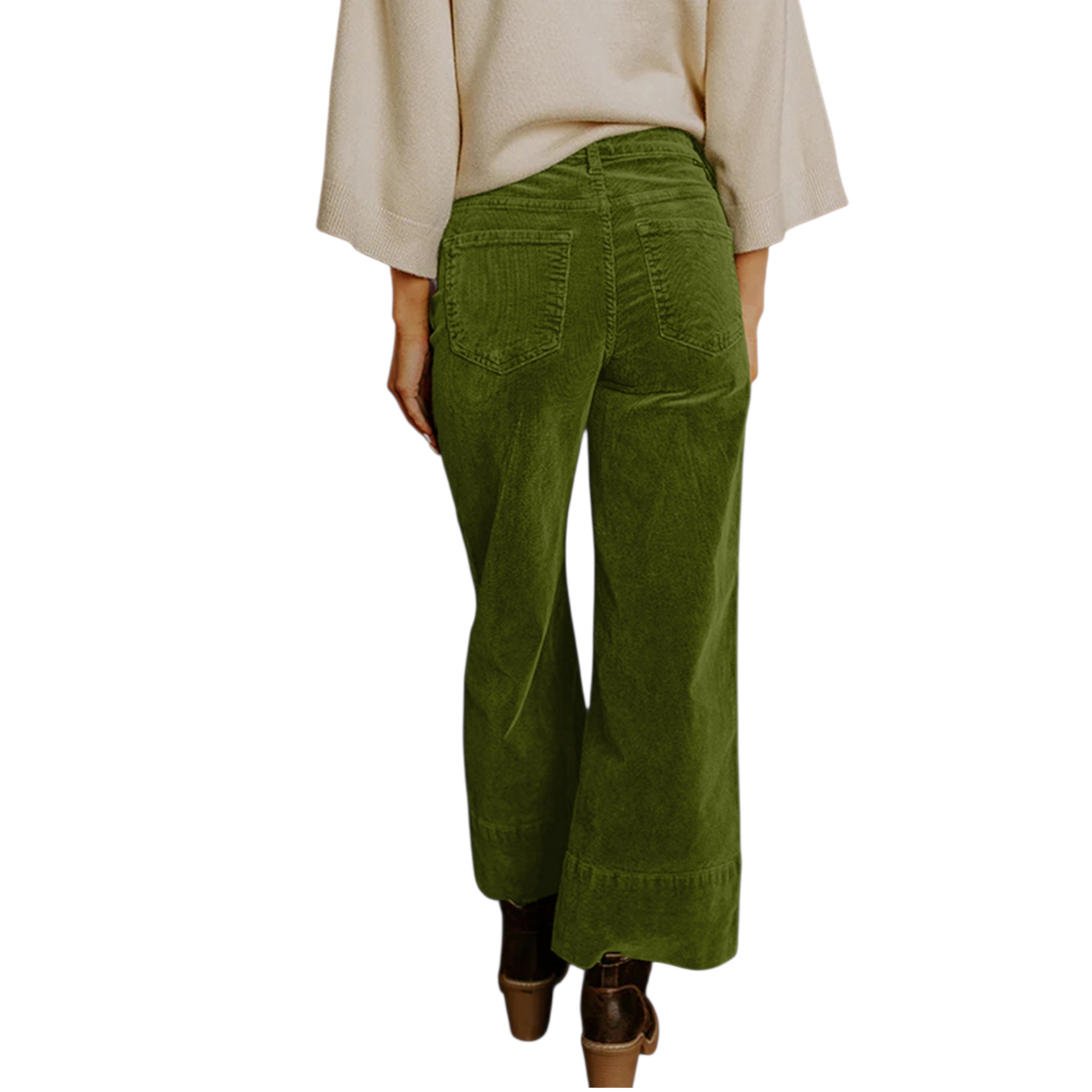 Rear view of a person wearing olive green wide-leg corduroy pants with a high waist and dark brown ankle boots.