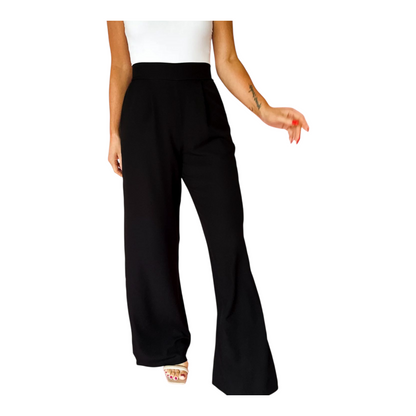 Black wide-leg pants worn by a person on a white background