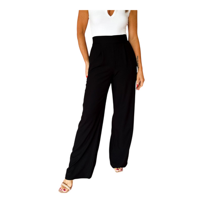 Black wide-leg pants worn by a person on a white background