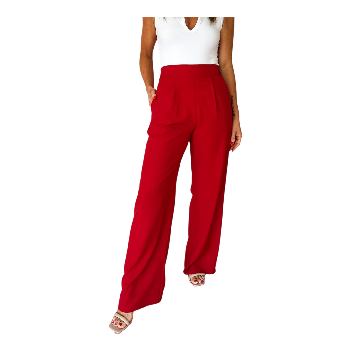 Red wide-leg pants worn by a person on a white background