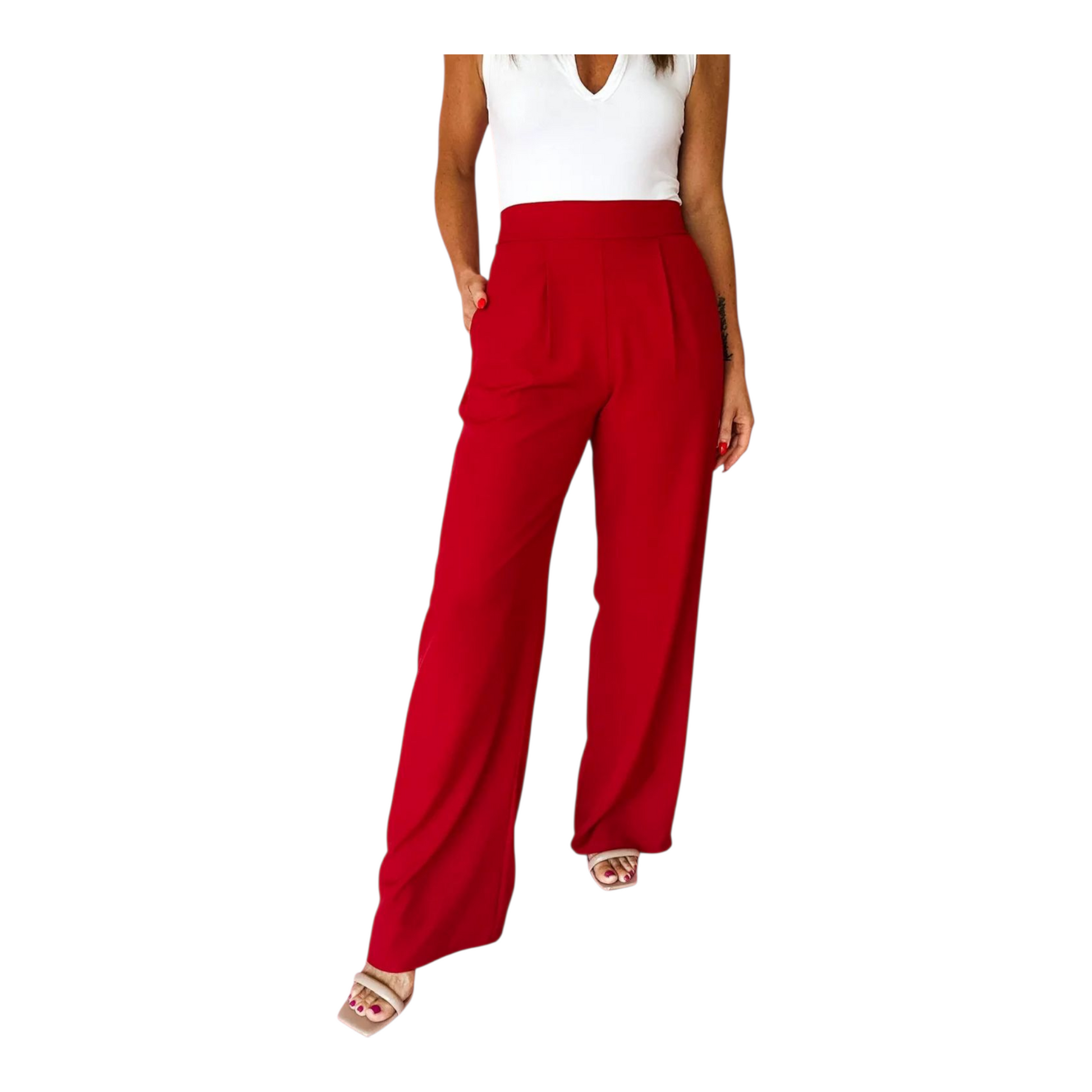 Red wide-leg pants worn by a person on a white background