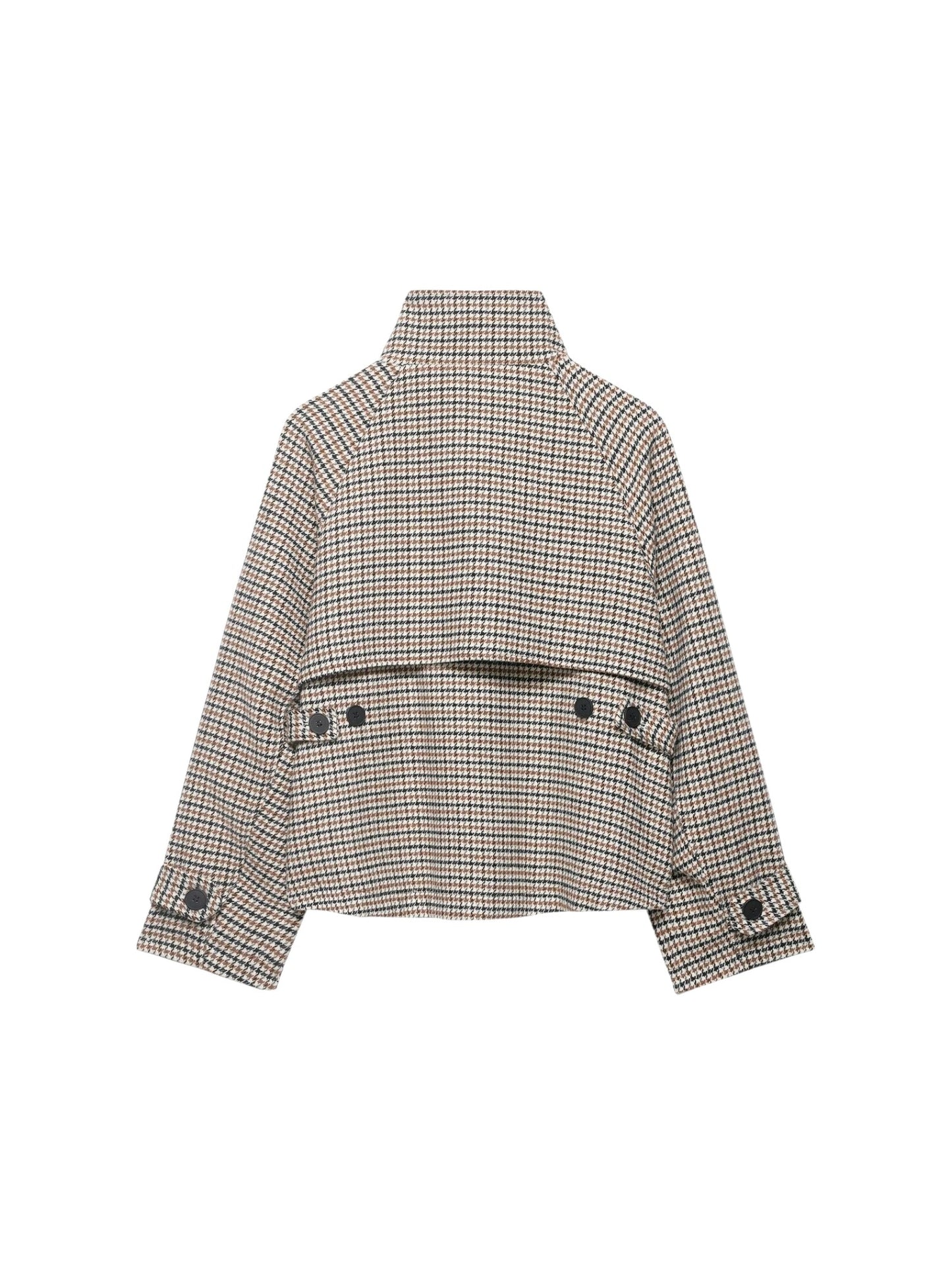 Houndstooth jacket with button details on a white background back view