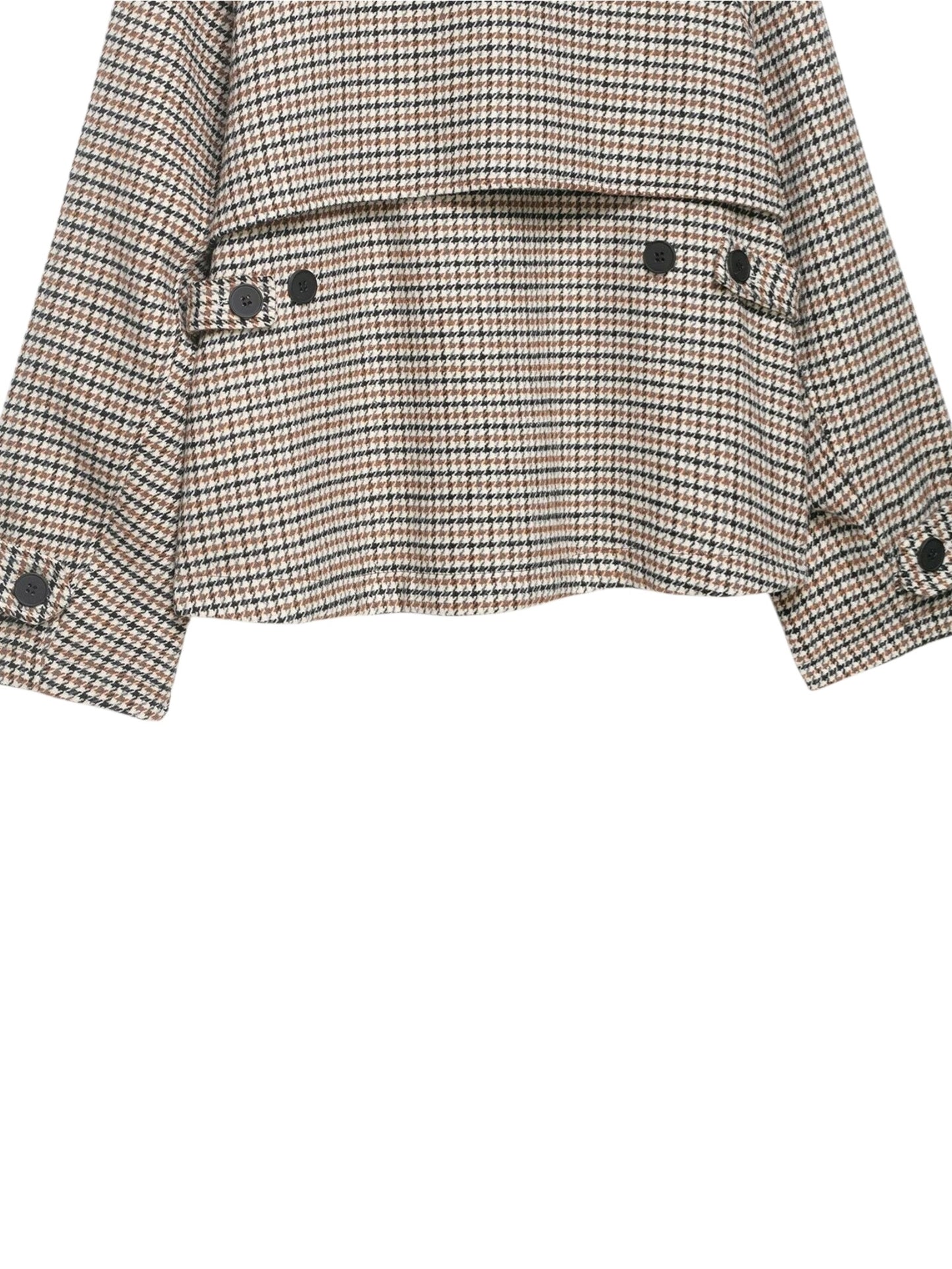 Houndstooth patterned jacket with button details on a white background lower back view