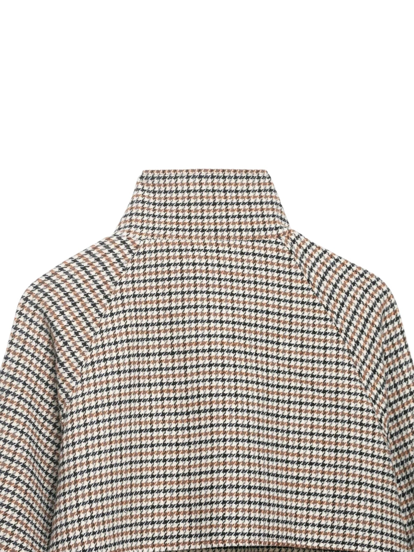 Close-up of a houndstooth patterned sweater with a high collar on a white background back collar view