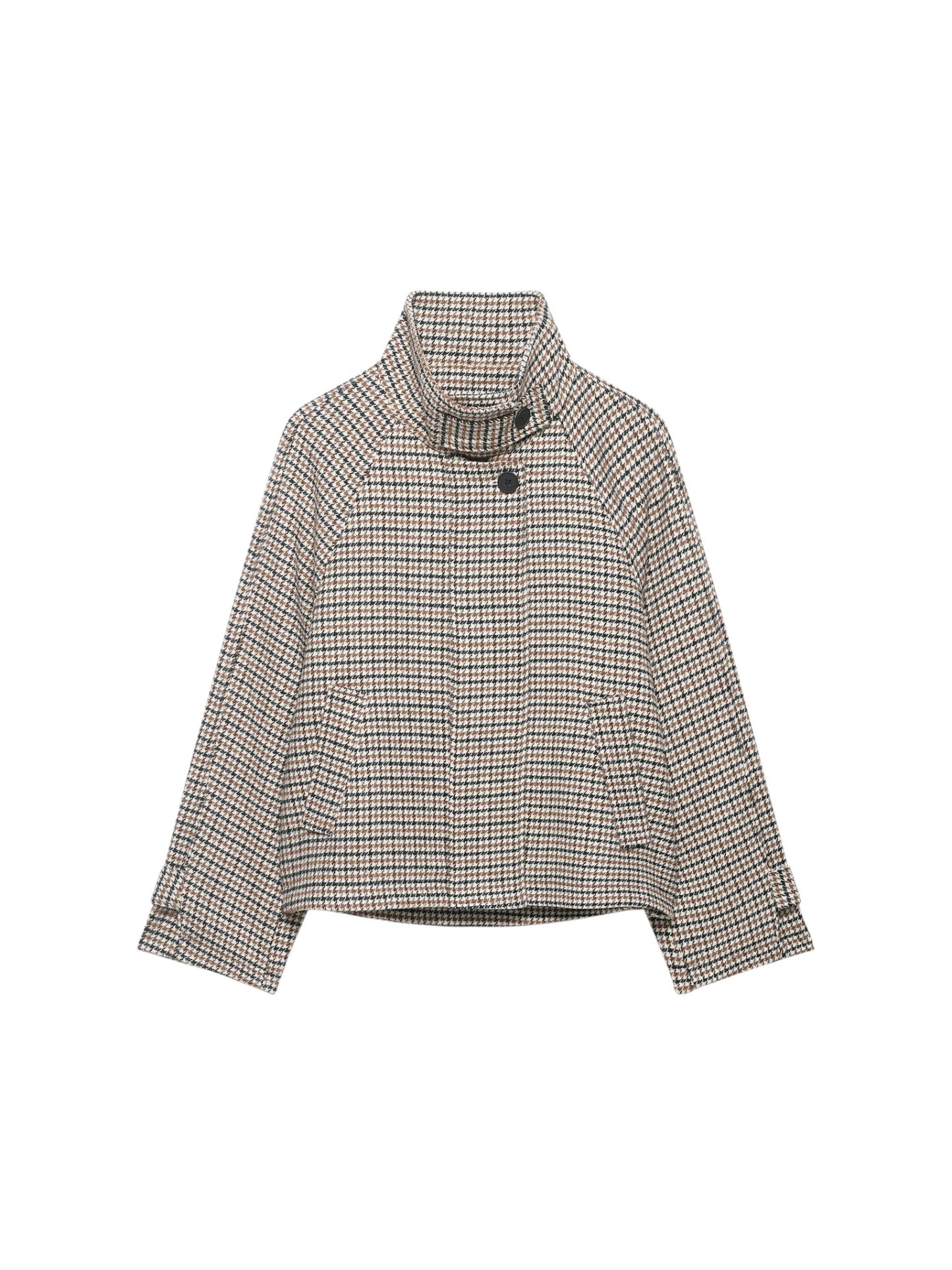 Houndstooth high neck buttoned cropped jacket with long sleeves on a white background front profile view