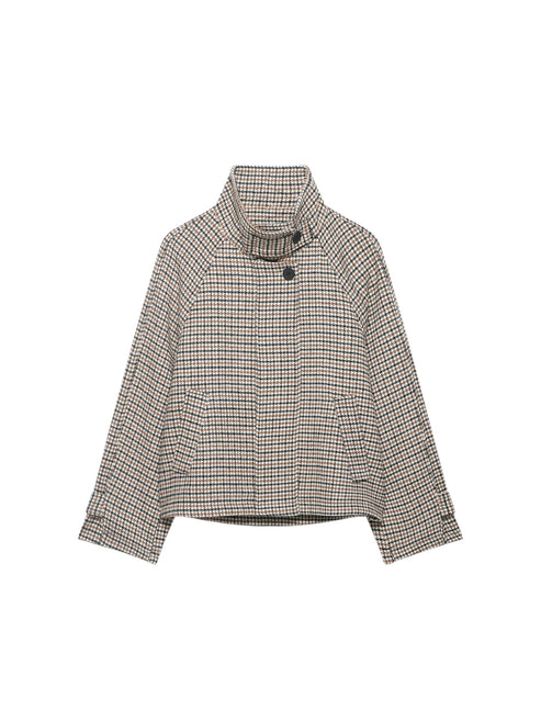 Houndstooth high neck buttoned cropped jacket with long sleeves on a white background front profile view