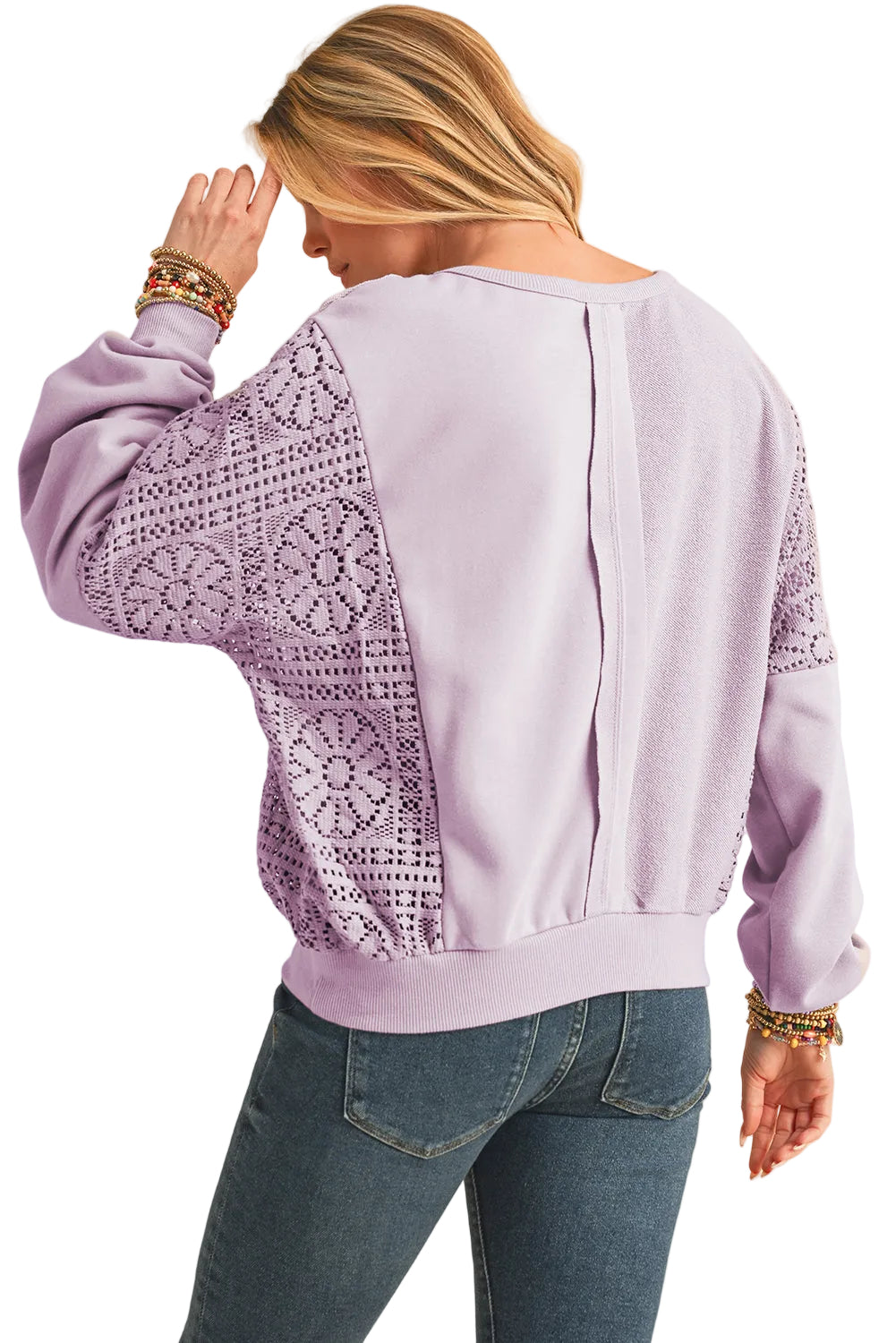 Lace Sleeve Crochet Panel Pullover Sweatshirt