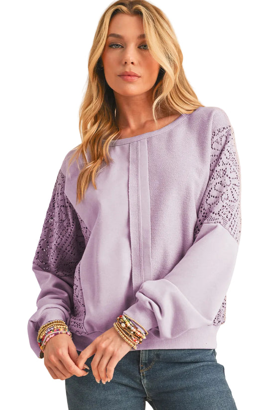Lace Sleeve Crochet Panel Pullover Sweatshirt