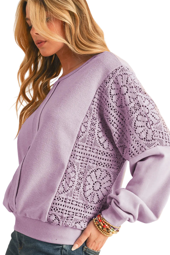 Lace Sleeve Crochet Panel Pullover Sweatshirt