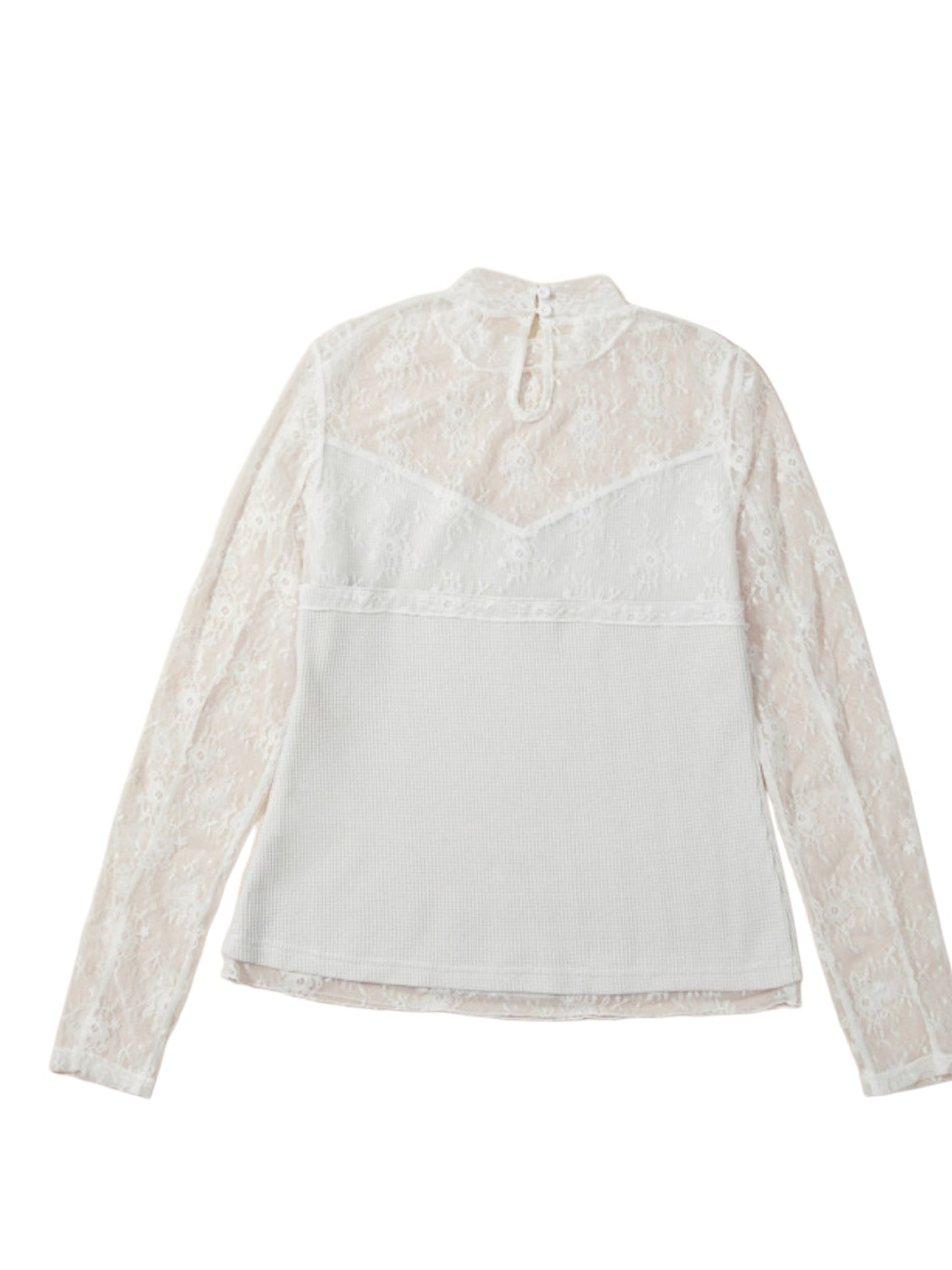 An off-white long-sleeve blouse featuring a solid front panel and sheer lace sleeves, displayed against a plain white background.