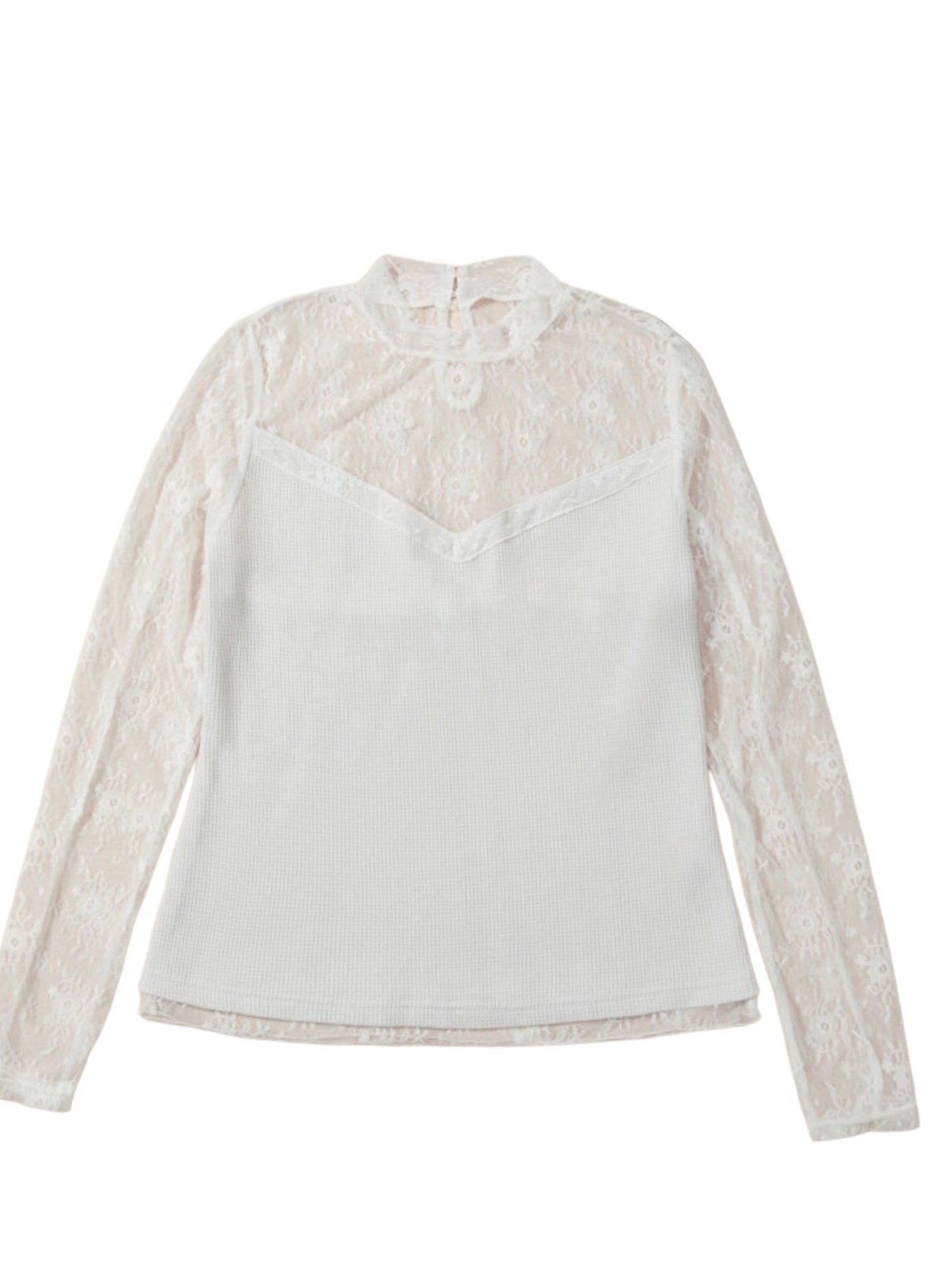 An off-white long-sleeve blouse featuring a solid knit body and sheer floral lace sleeves, with a high mock neck and lace trim.