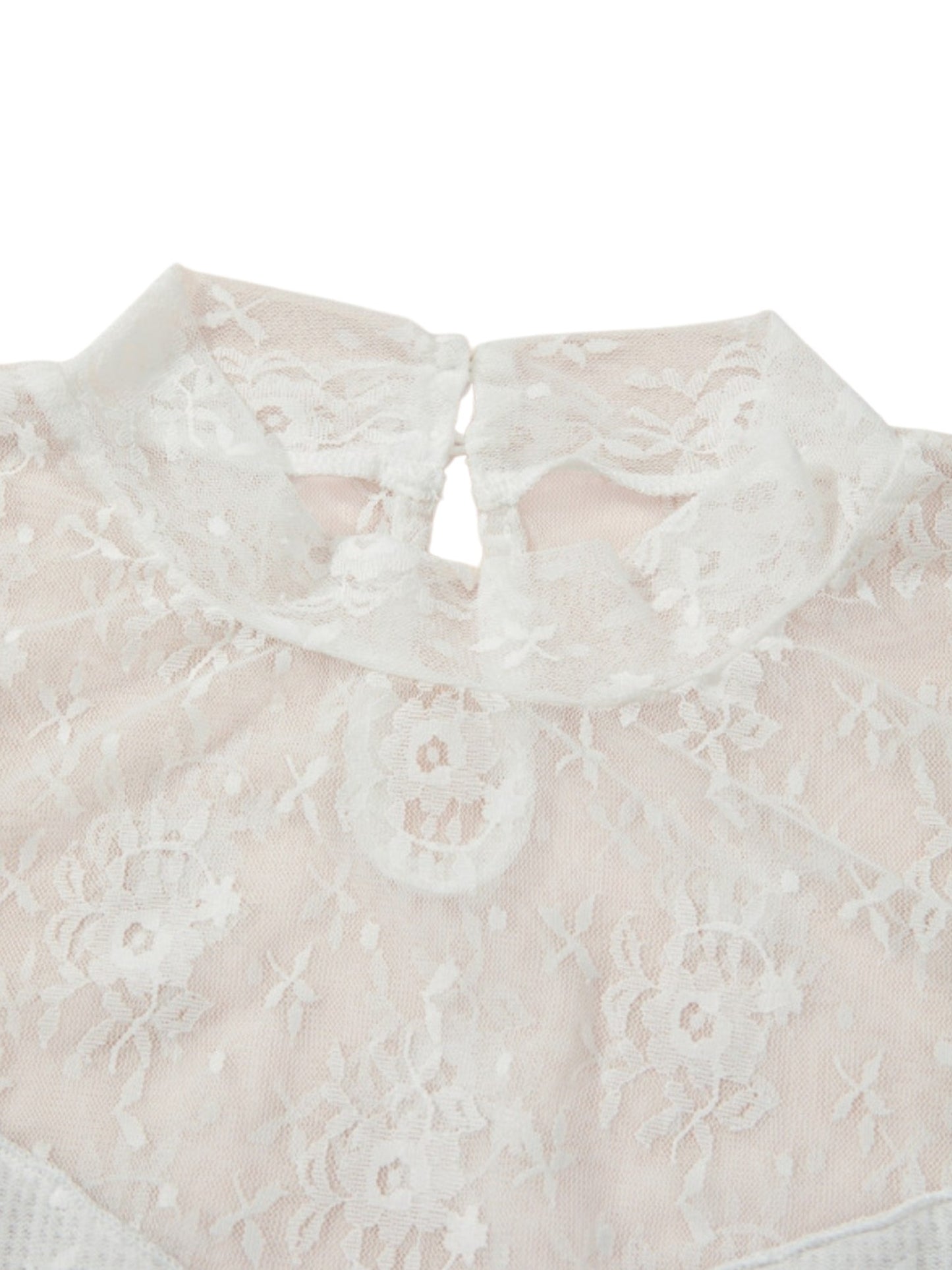 Close-up of a white floral lace garment with a high lace collar and embroidered detailing on a pale pinkish-beige sheer fabric, set against a plain white background.