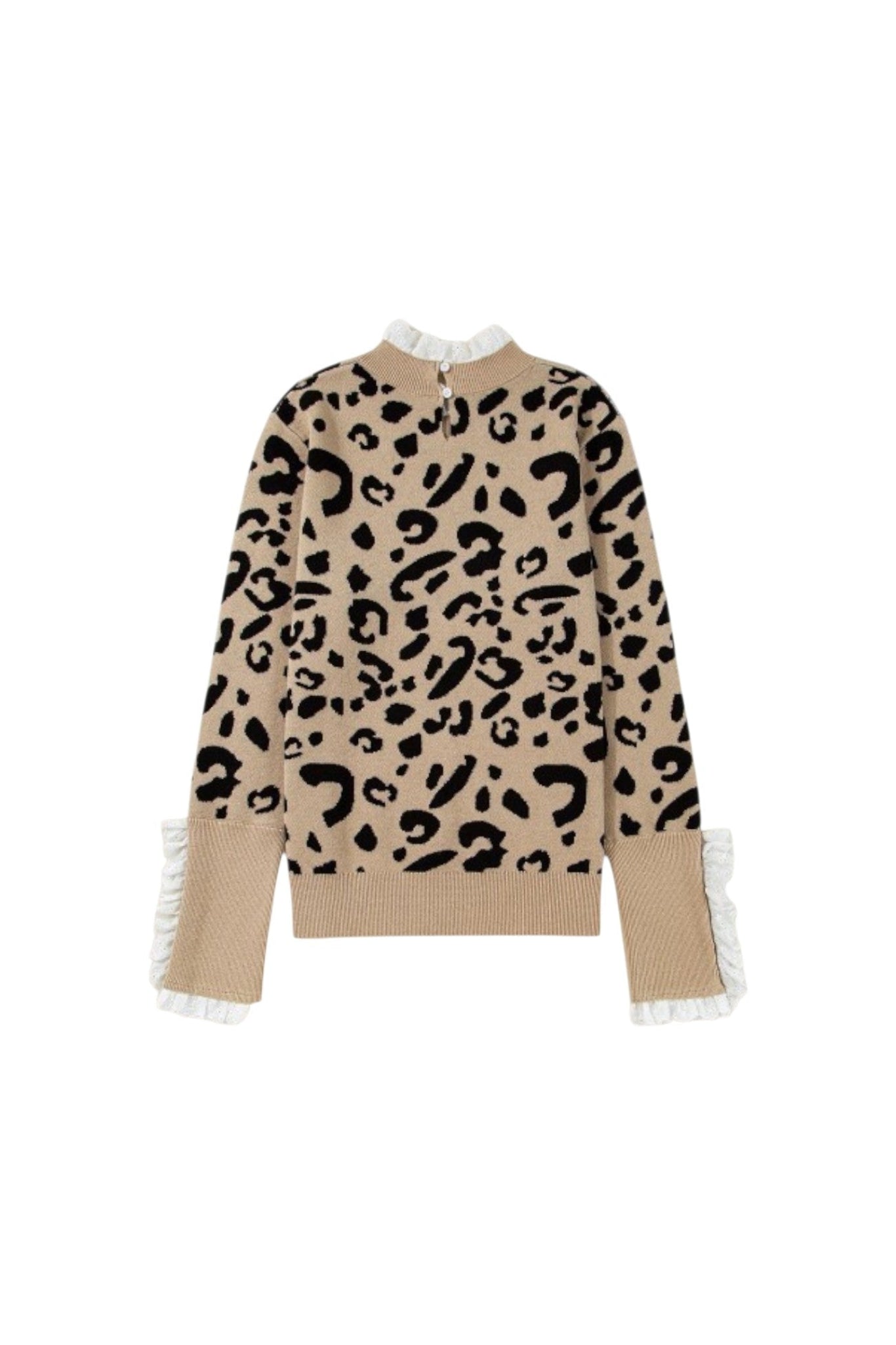 Leopard print sweater with ruffled sleeves on a white background