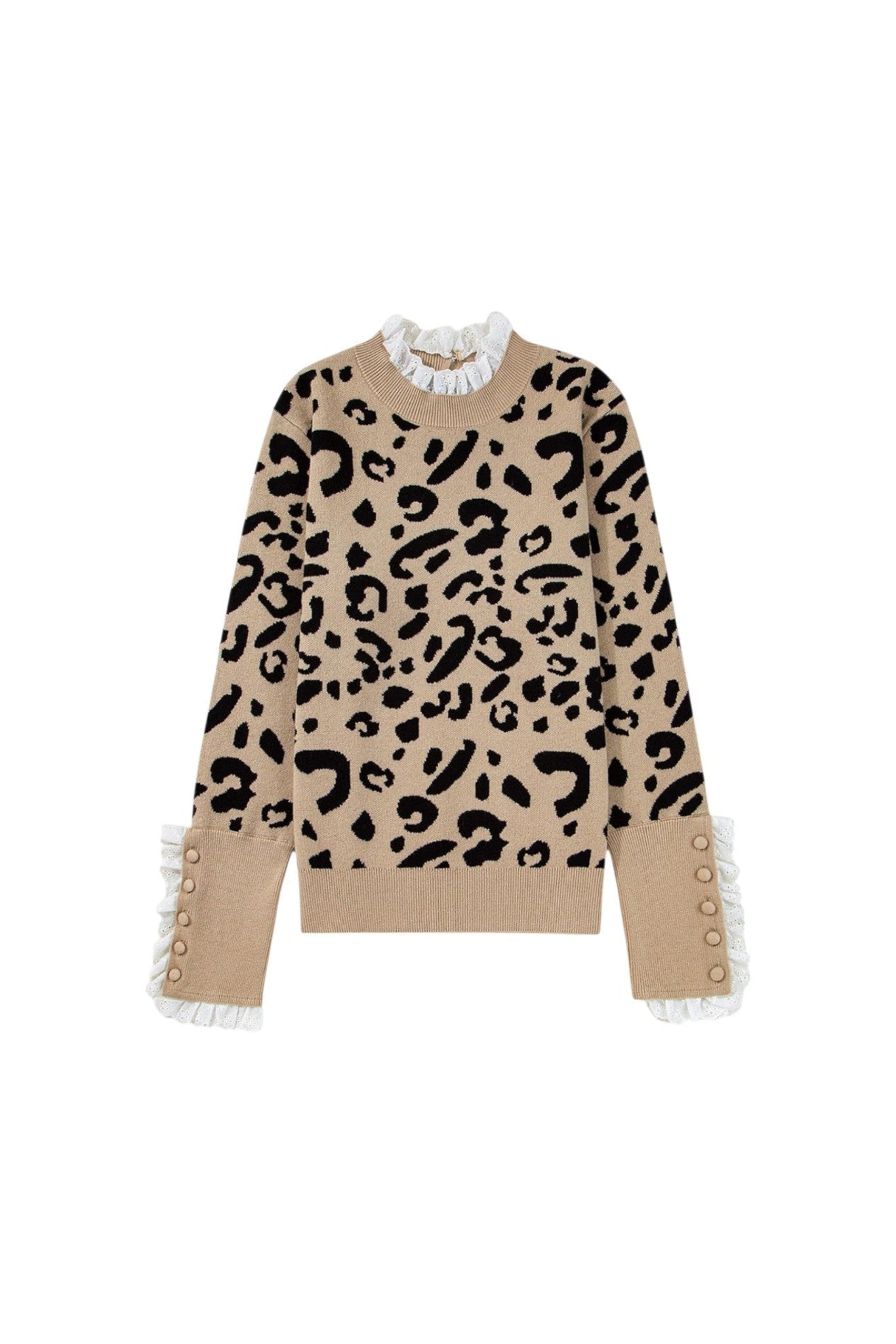 Beige sweater with black leopard print and white ruffled trim on a white background
