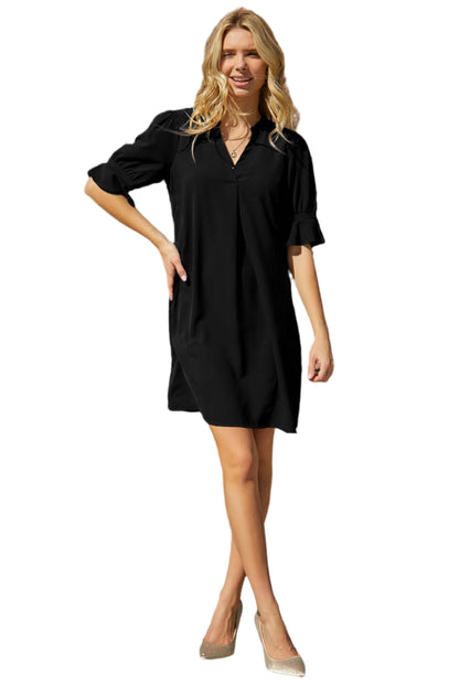 Full view of a ladies' black dress with soft ruffle sleeve details, perfect for summer outings.