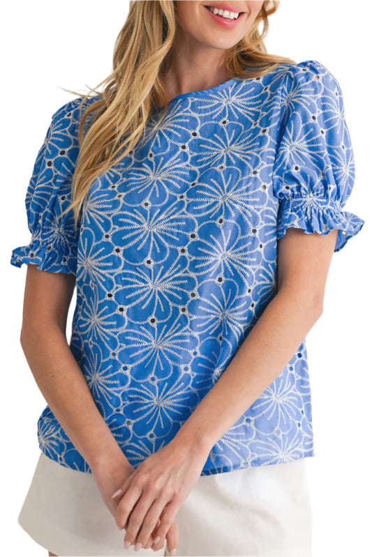 Sky blue floral eyelet blouse with puff sleeves, styled for a casual boho look.
