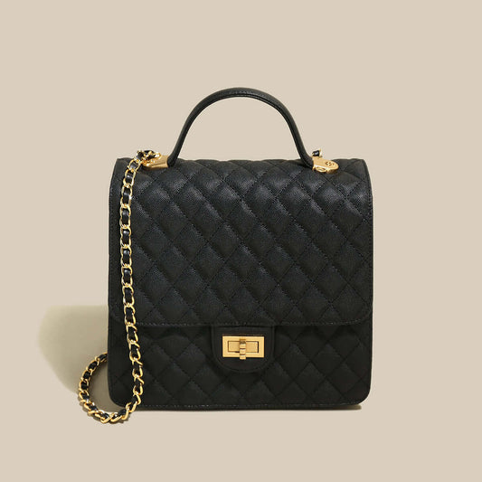 Elegant Leather Chain Strap Black Quilted Flap Satchel Backpack-0