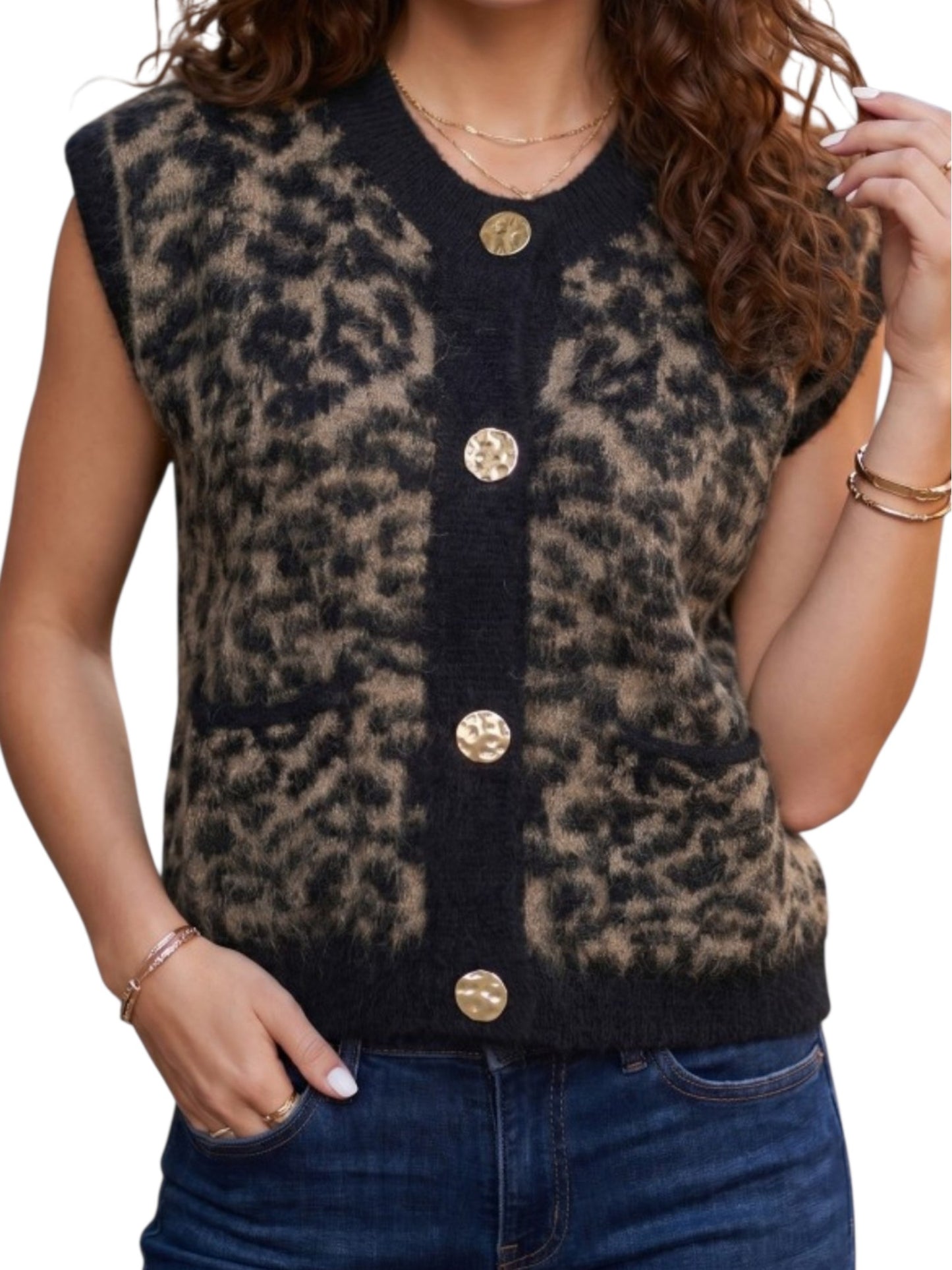 Leopard Print Button Knit Vest