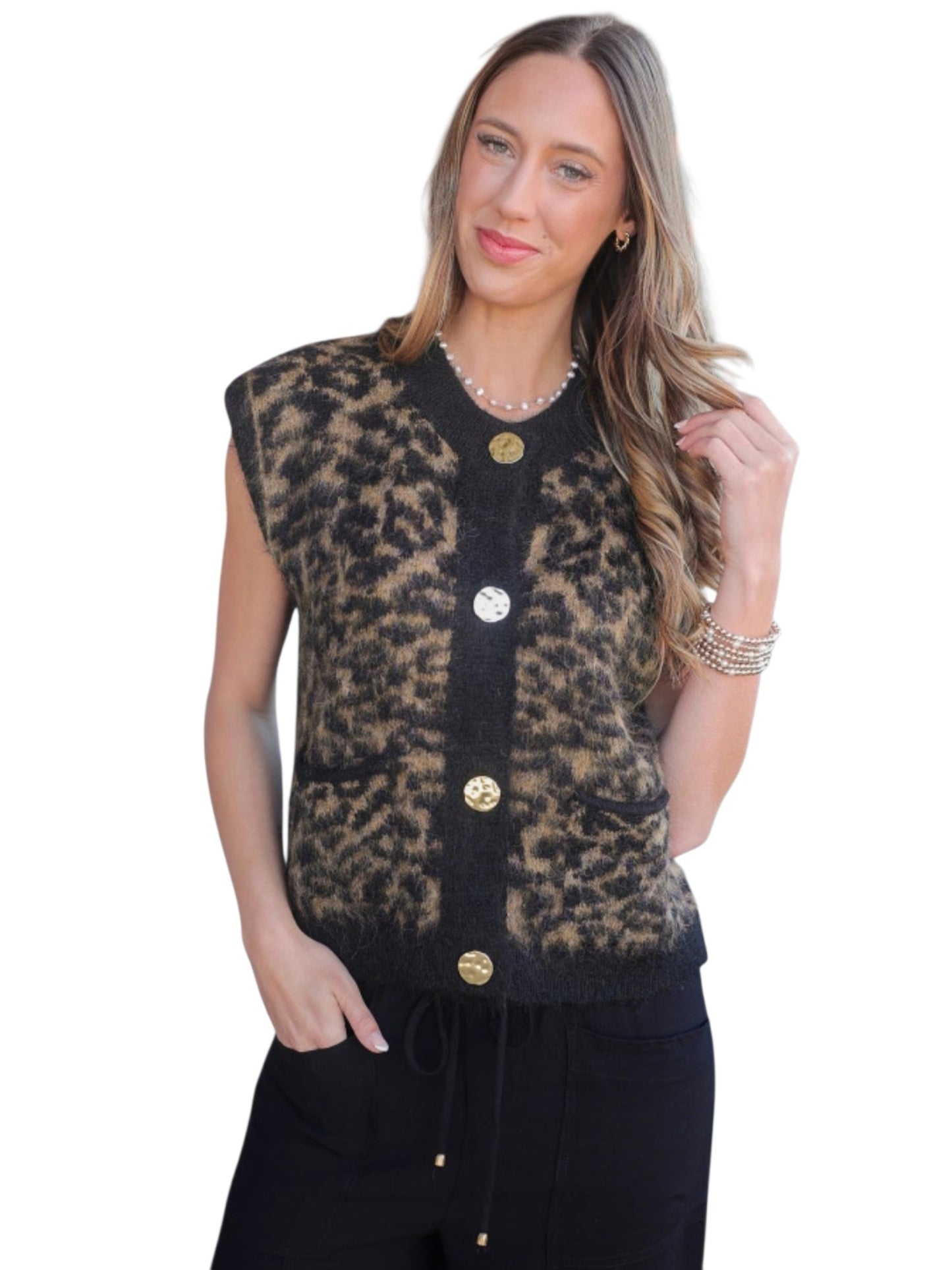 Leopard Print Button Knit Vest