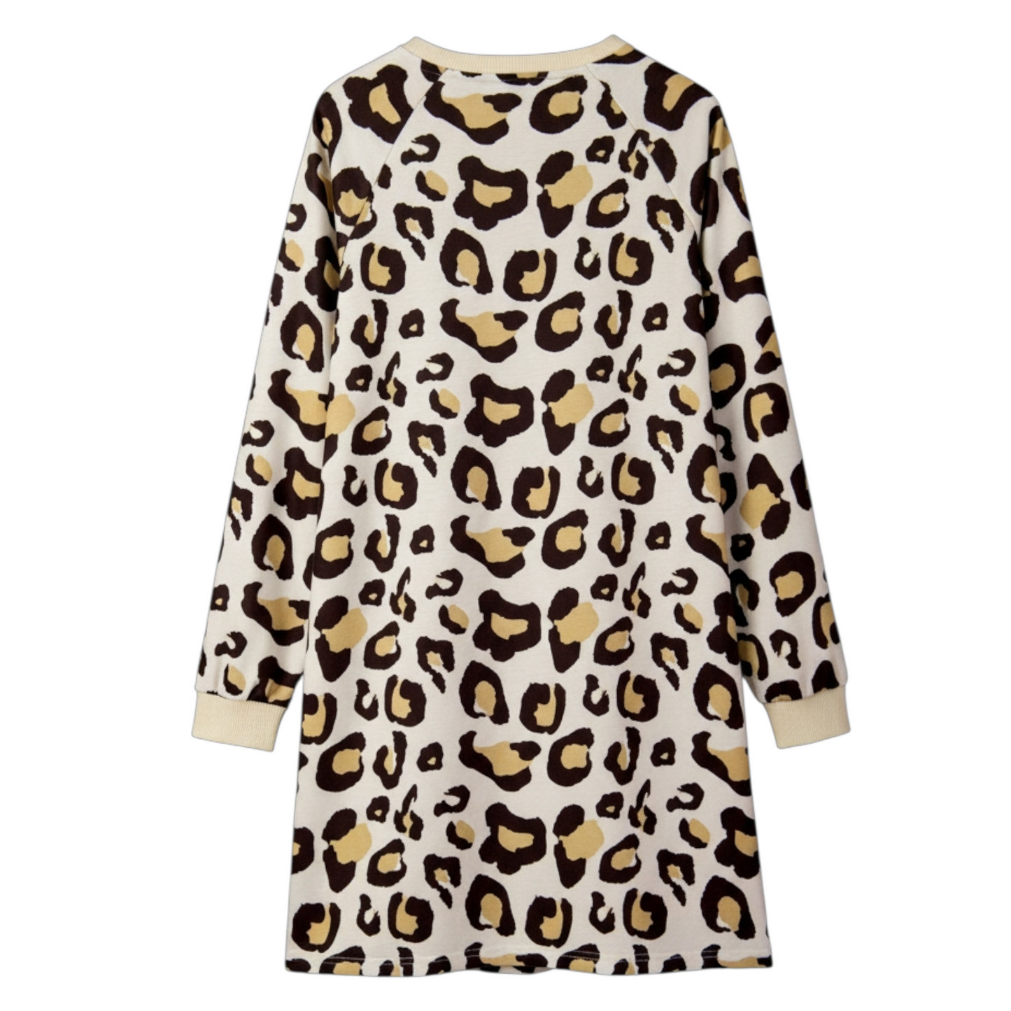 A back-facing studio shot of a cream and brown leopard print shift dress featuring long sleeves with ribbed cuffs and a classic round neckline.