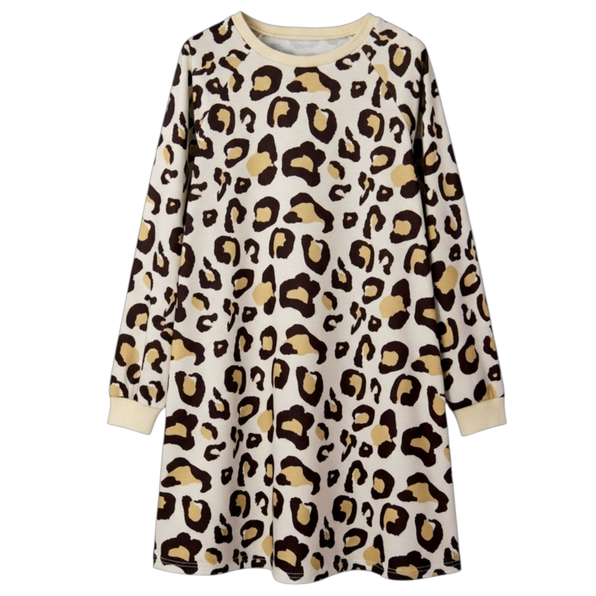 A front-facing studio shot of a cream and brown leopard print shift dress featuring long sleeves with ribbed cuffs and a classic round neckline.