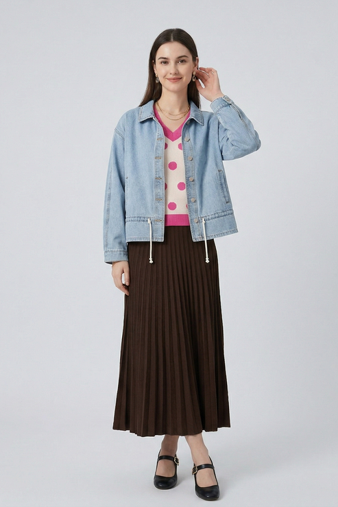 Full-length front view of a model in the adjustable hem denim jacket, showcasing the relaxed fit and versatile styling with a polka-dot sweater and pleated skirt.