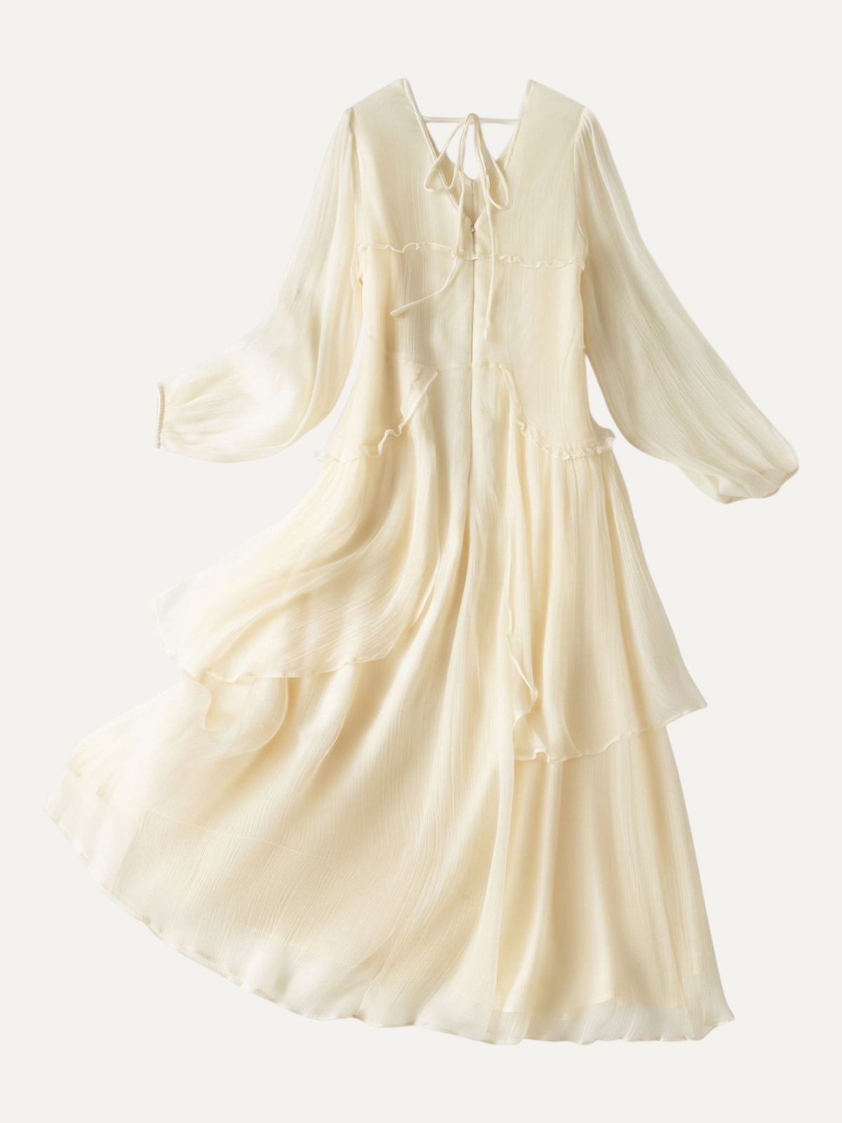 Catherine Martin light yellow mulberry silk maxi dress with ruffle tiered skirt, V-neck, and long billowy sleeves.