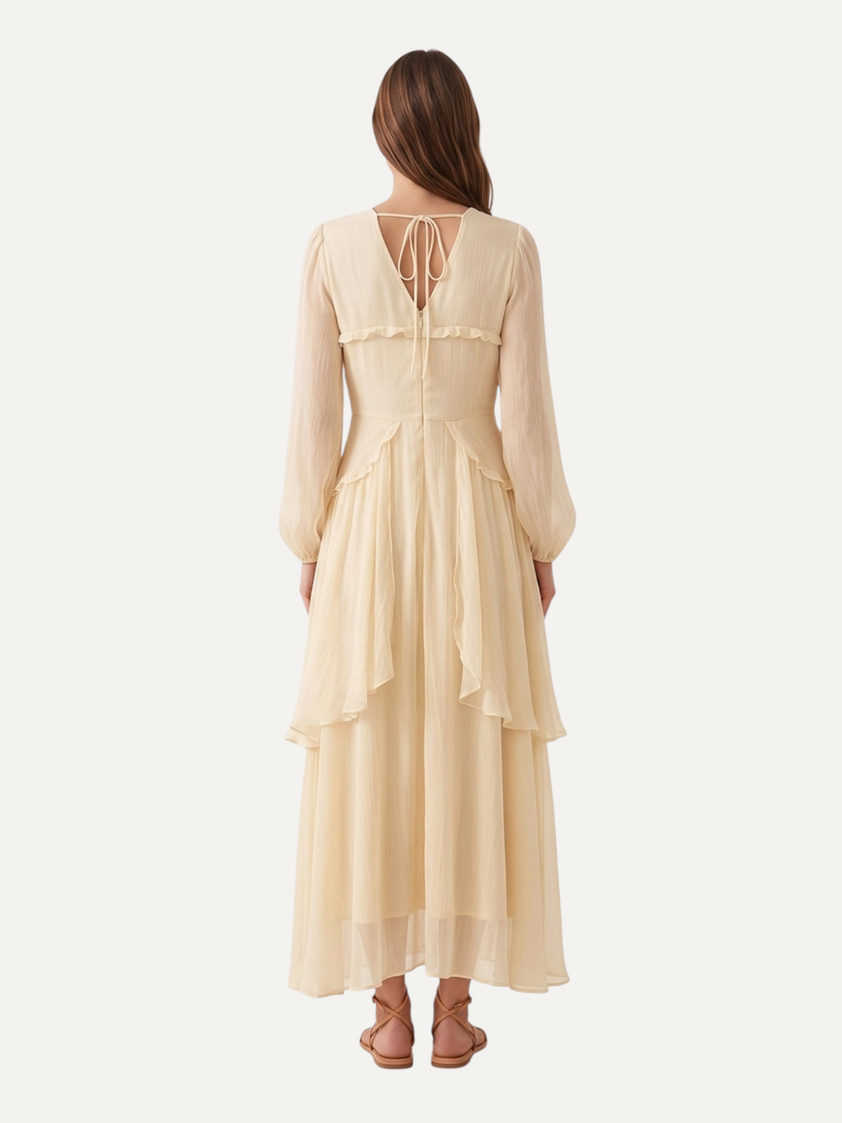 Catherine Martin light yellow mulberry silk maxi dress with tiered skirt, long sleeves, and back tie detail.