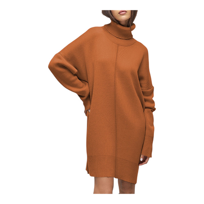 Brown sweater dress worn by a person on a white background