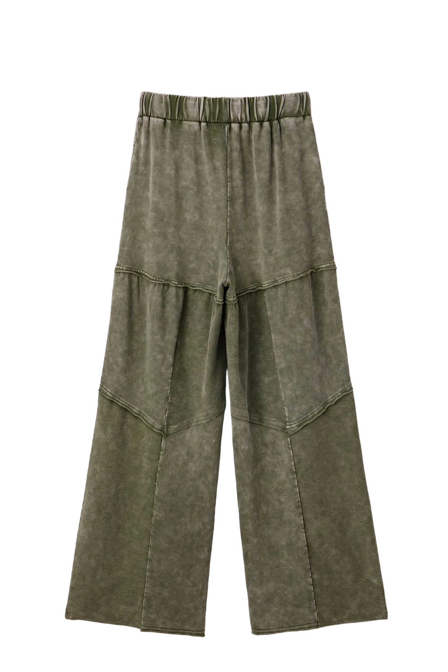 Back view of a green wide-leg pants on a white background