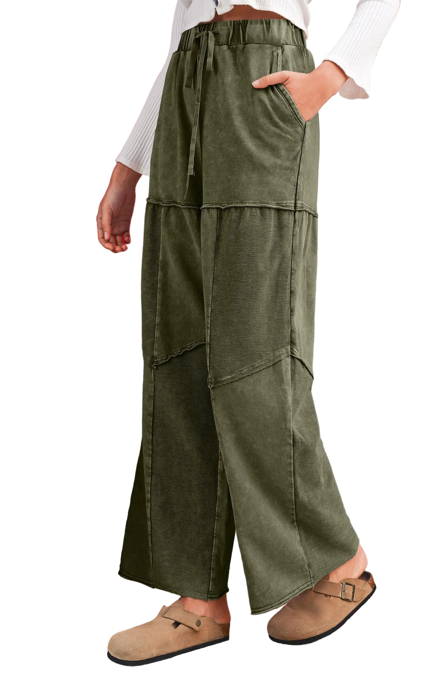 Side profile of a green wide-leg pants worn by a person on a white background
