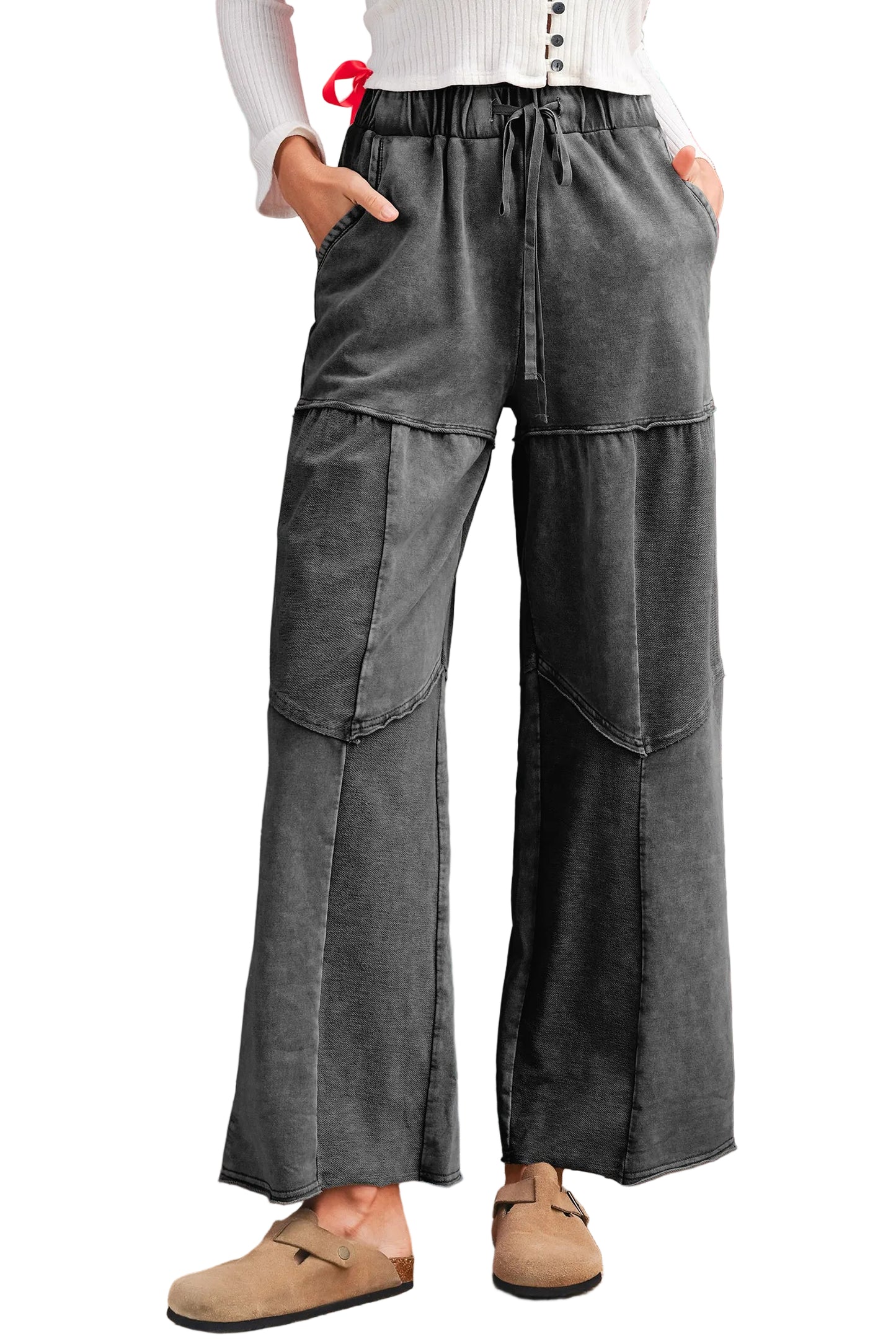 Mineral Wash Patchwork Wide-Leg Pants