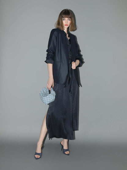 Minimalist Navy Collarless Tailored Blazer-0