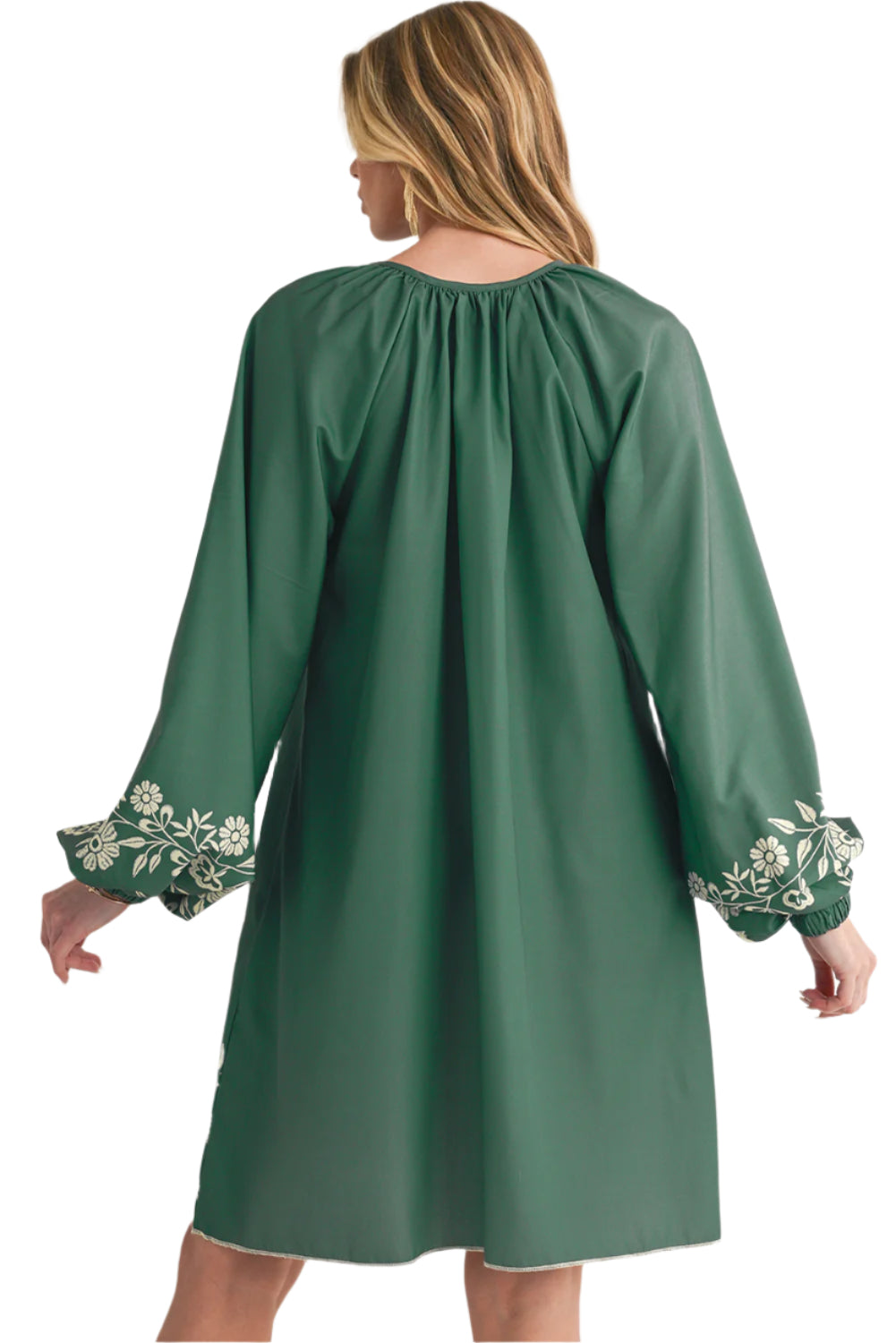Mist Green Boho Floral Mini Dress. Back view.